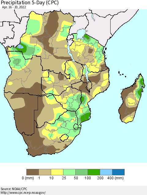 Southern Africa Precipitation 5-Day (CPC) Thematic Map For 4/16/2022 - 4/20/2022