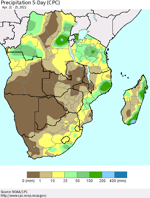 Southern Africa Precipitation 5-Day (CPC) Thematic Map For 4/21/2022 - 4/25/2022