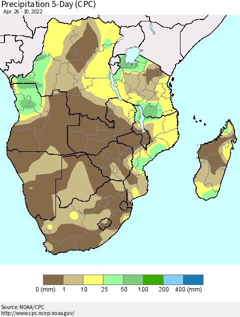 Southern Africa Precipitation 5-Day (CPC) Thematic Map For 4/26/2022 - 4/30/2022