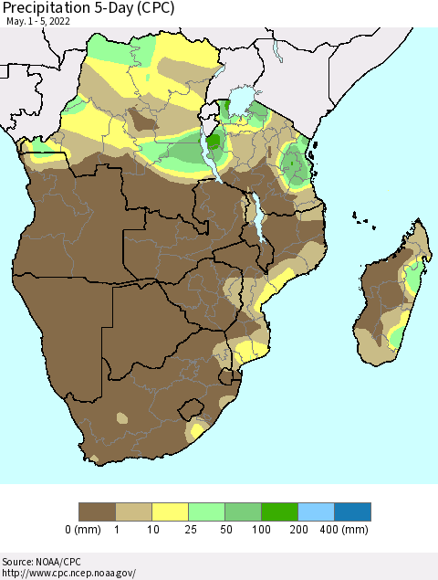Southern Africa Precipitation 5-Day (CPC) Thematic Map For 5/1/2022 - 5/5/2022