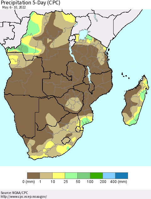 Southern Africa Precipitation 5-Day (CPC) Thematic Map For 5/6/2022 - 5/10/2022