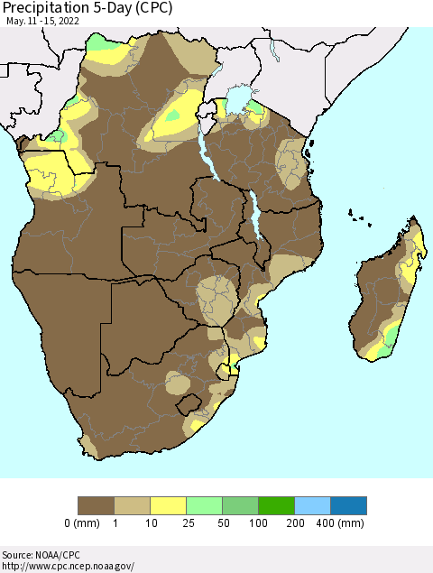 Southern Africa Precipitation 5-Day (CPC) Thematic Map For 5/11/2022 - 5/15/2022