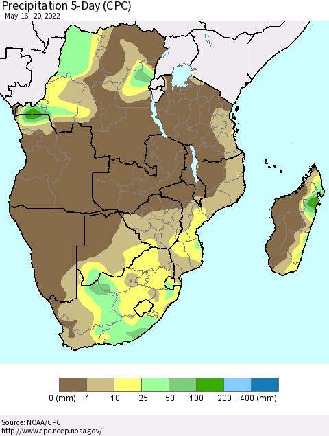 Southern Africa Precipitation 5-Day (CPC) Thematic Map For 5/16/2022 - 5/20/2022
