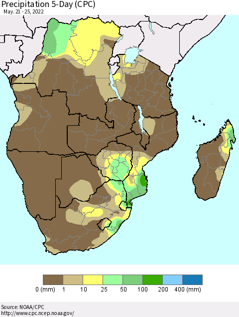 Southern Africa Precipitation 5-Day (CPC) Thematic Map For 5/21/2022 - 5/25/2022