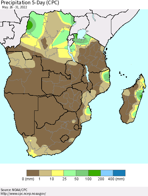 Southern Africa Precipitation 5-Day (CPC) Thematic Map For 5/26/2022 - 5/31/2022