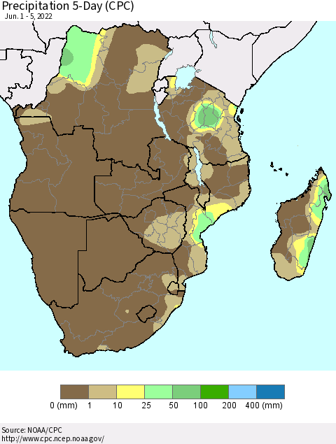 Southern Africa Precipitation 5-Day (CPC) Thematic Map For 6/1/2022 - 6/5/2022