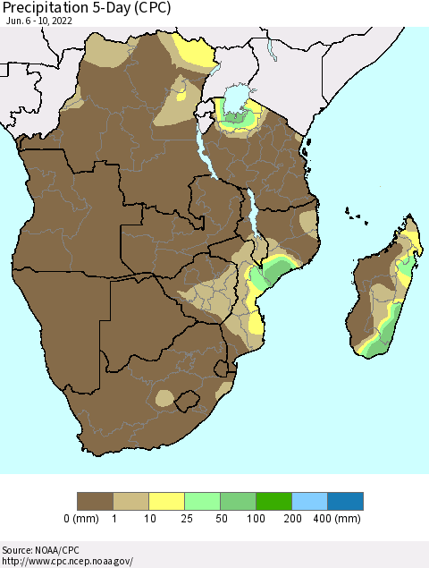 Southern Africa Precipitation 5-Day (CPC) Thematic Map For 6/6/2022 - 6/10/2022