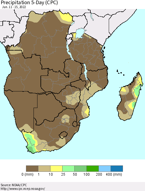 Southern Africa Precipitation 5-Day (CPC) Thematic Map For 6/11/2022 - 6/15/2022