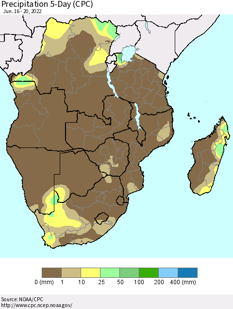 Southern Africa Precipitation 5-Day (CPC) Thematic Map For 6/16/2022 - 6/20/2022
