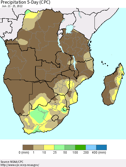 Southern Africa Precipitation 5-Day (CPC) Thematic Map For 6/21/2022 - 6/25/2022