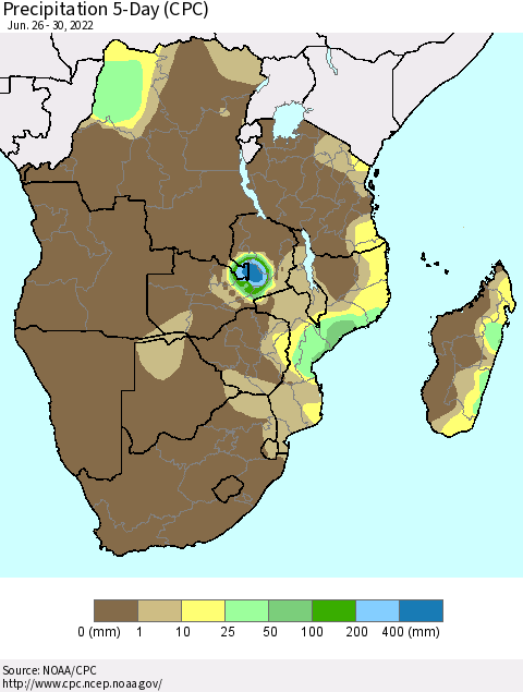Southern Africa Precipitation 5-Day (CPC) Thematic Map For 6/26/2022 - 6/30/2022
