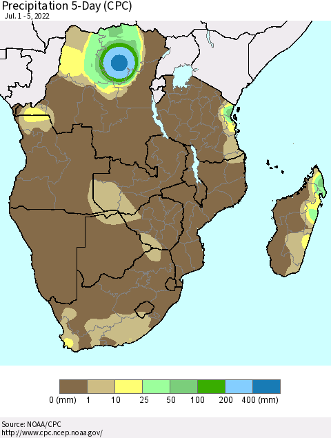 Southern Africa Precipitation 5-Day (CPC) Thematic Map For 7/1/2022 - 7/5/2022