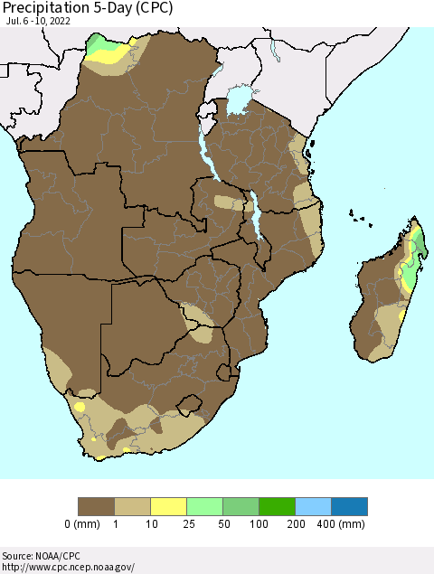 Southern Africa Precipitation 5-Day (CPC) Thematic Map For 7/6/2022 - 7/10/2022