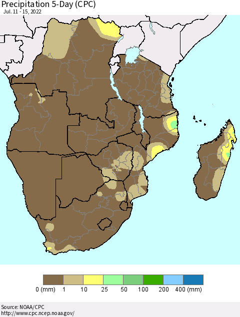 Southern Africa Precipitation 5-Day (CPC) Thematic Map For 7/11/2022 - 7/15/2022