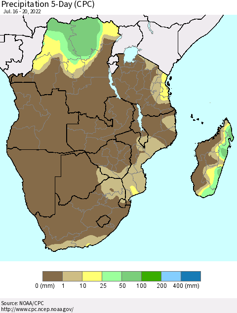 Southern Africa Precipitation 5-Day (CPC) Thematic Map For 7/16/2022 - 7/20/2022