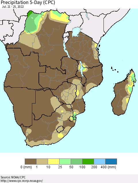Southern Africa Precipitation 5-Day (CPC) Thematic Map For 7/21/2022 - 7/25/2022