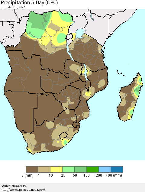 Southern Africa Precipitation 5-Day (CPC) Thematic Map For 7/26/2022 - 7/31/2022