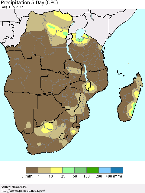 Southern Africa Precipitation 5-Day (CPC) Thematic Map For 8/1/2022 - 8/5/2022