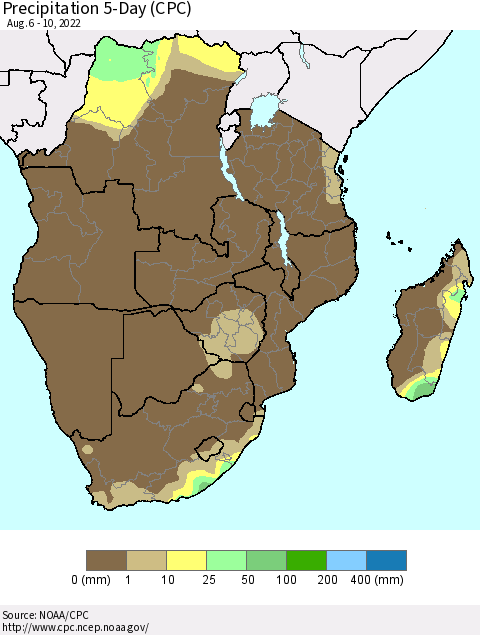 Southern Africa Precipitation 5-Day (CPC) Thematic Map For 8/6/2022 - 8/10/2022