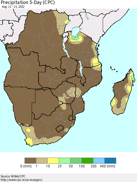 Southern Africa Precipitation 5-Day (CPC) Thematic Map For 8/11/2022 - 8/15/2022