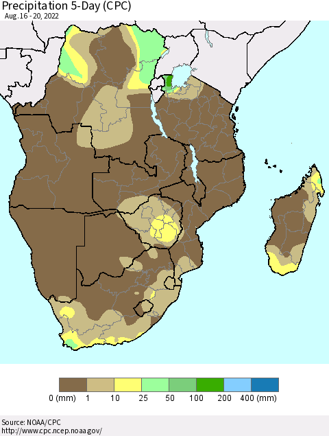 Southern Africa Precipitation 5-Day (CPC) Thematic Map For 8/16/2022 - 8/20/2022