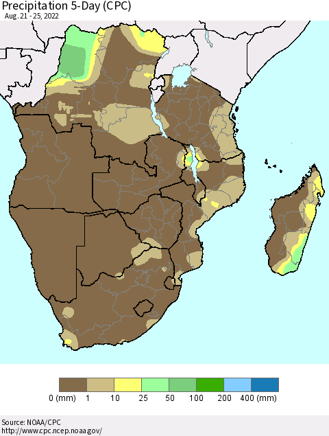 Southern Africa Precipitation 5-Day (CPC) Thematic Map For 8/21/2022 - 8/25/2022