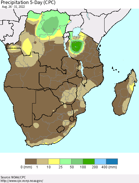 Southern Africa Precipitation 5-Day (CPC) Thematic Map For 8/26/2022 - 8/31/2022
