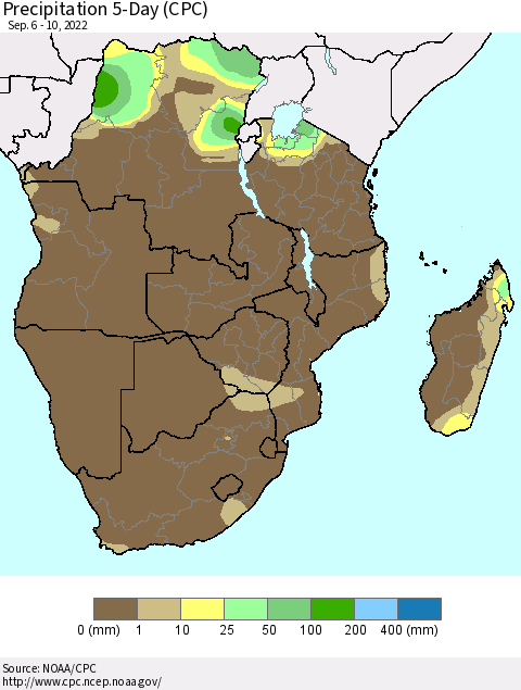 Southern Africa Precipitation 5-Day (CPC) Thematic Map For 9/6/2022 - 9/10/2022
