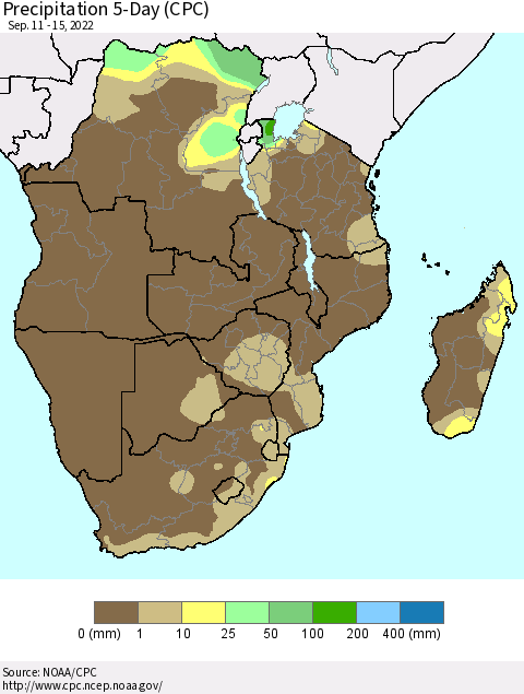 Southern Africa Precipitation 5-Day (CPC) Thematic Map For 9/11/2022 - 9/15/2022
