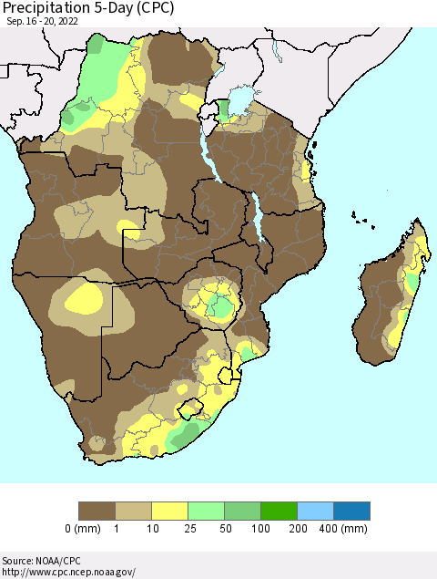Southern Africa Precipitation 5-Day (CPC) Thematic Map For 9/16/2022 - 9/20/2022