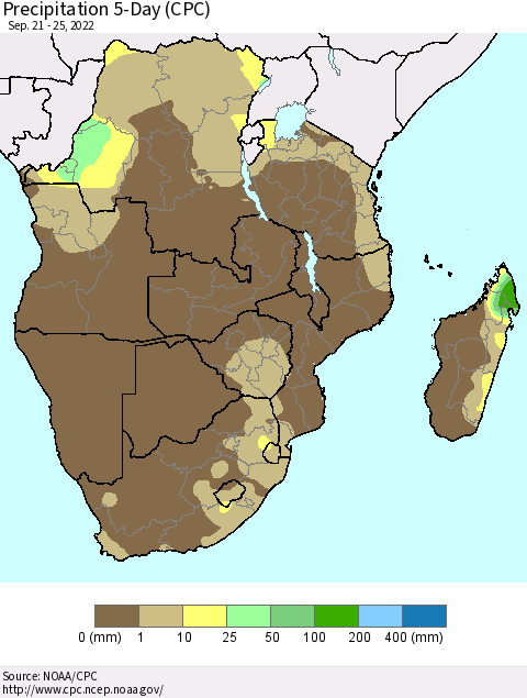 Southern Africa Precipitation 5-Day (CPC) Thematic Map For 9/21/2022 - 9/25/2022