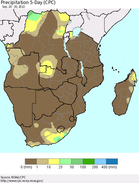 Southern Africa Precipitation 5-Day (CPC) Thematic Map For 9/26/2022 - 9/30/2022