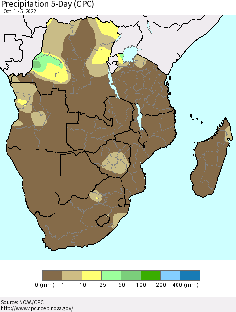 Southern Africa Precipitation 5-Day (CPC) Thematic Map For 10/1/2022 - 10/5/2022
