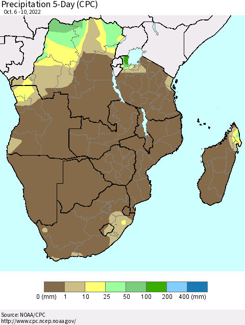 Southern Africa Precipitation 5-Day (CPC) Thematic Map For 10/6/2022 - 10/10/2022
