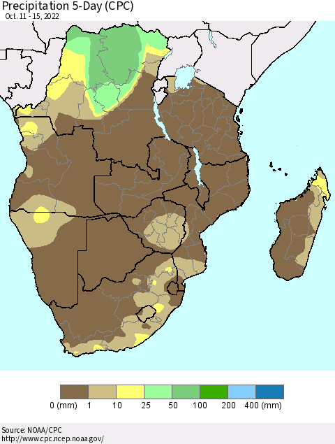Southern Africa Precipitation 5-Day (CPC) Thematic Map For 10/11/2022 - 10/15/2022