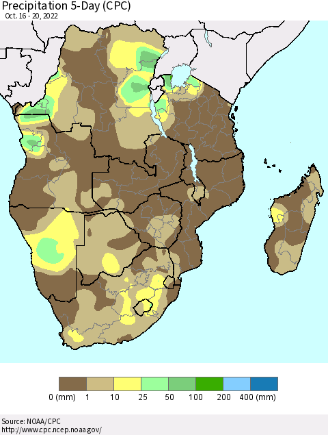 Southern Africa Precipitation 5-Day (CPC) Thematic Map For 10/16/2022 - 10/20/2022