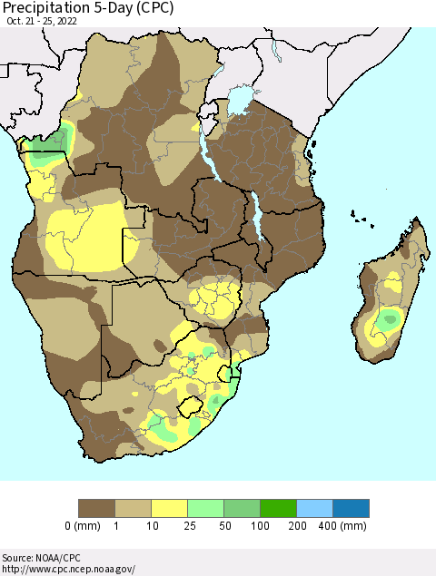 Southern Africa Precipitation 5-Day (CPC) Thematic Map For 10/21/2022 - 10/25/2022