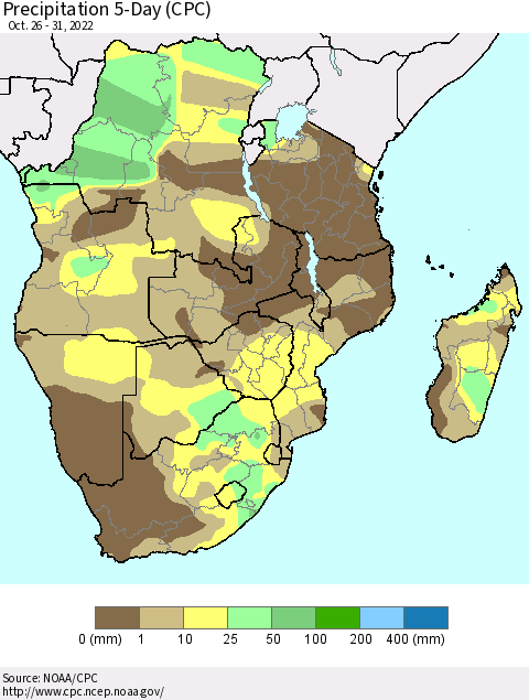 Southern Africa Precipitation 5-Day (CPC) Thematic Map For 10/26/2022 - 10/31/2022