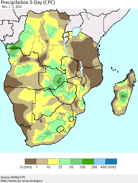 Southern Africa Precipitation 5-Day (CPC) Thematic Map For 11/1/2022 - 11/5/2022