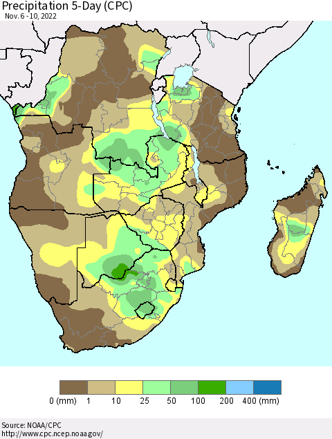 Southern Africa Precipitation 5-Day (CPC) Thematic Map For 11/6/2022 - 11/10/2022