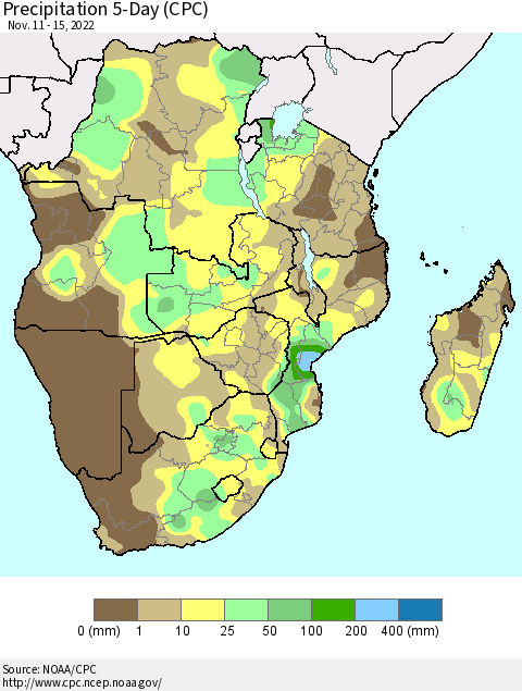 Southern Africa Precipitation 5-Day (CPC) Thematic Map For 11/11/2022 - 11/15/2022