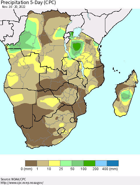 Southern Africa Precipitation 5-Day (CPC) Thematic Map For 11/16/2022 - 11/20/2022