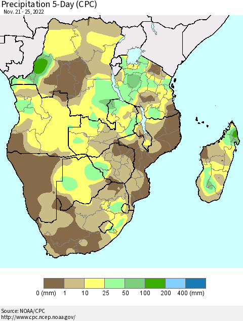 Southern Africa Precipitation 5-Day (CPC) Thematic Map For 11/21/2022 - 11/25/2022