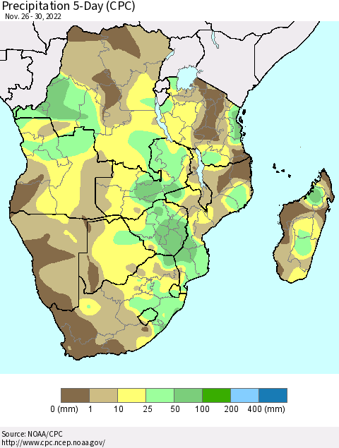 Southern Africa Precipitation 5-Day (CPC) Thematic Map For 11/26/2022 - 11/30/2022
