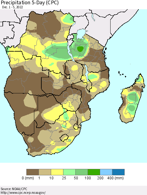 Southern Africa Precipitation 5-Day (CPC) Thematic Map For 12/1/2022 - 12/5/2022