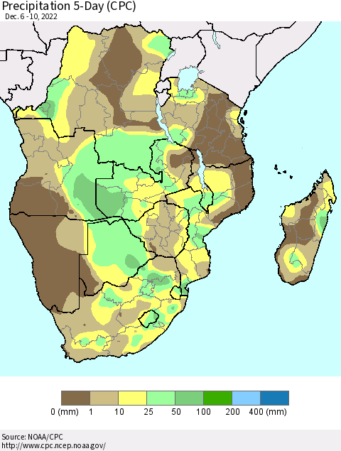 Southern Africa Precipitation 5-Day (CPC) Thematic Map For 12/6/2022 - 12/10/2022