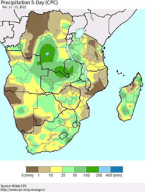 Southern Africa Precipitation 5-Day (CPC) Thematic Map For 12/11/2022 - 12/15/2022