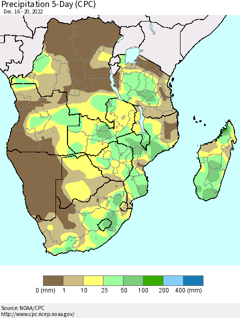 Southern Africa Precipitation 5-Day (CPC) Thematic Map For 12/16/2022 - 12/20/2022