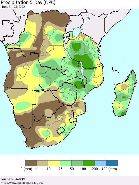 Southern Africa Precipitation 5-Day (CPC) Thematic Map For 12/21/2022 - 12/25/2022