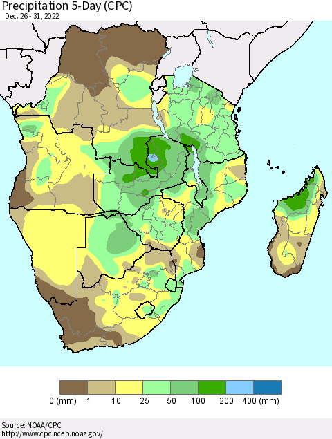 Southern Africa Precipitation 5-Day (CPC) Thematic Map For 12/26/2022 - 12/31/2022